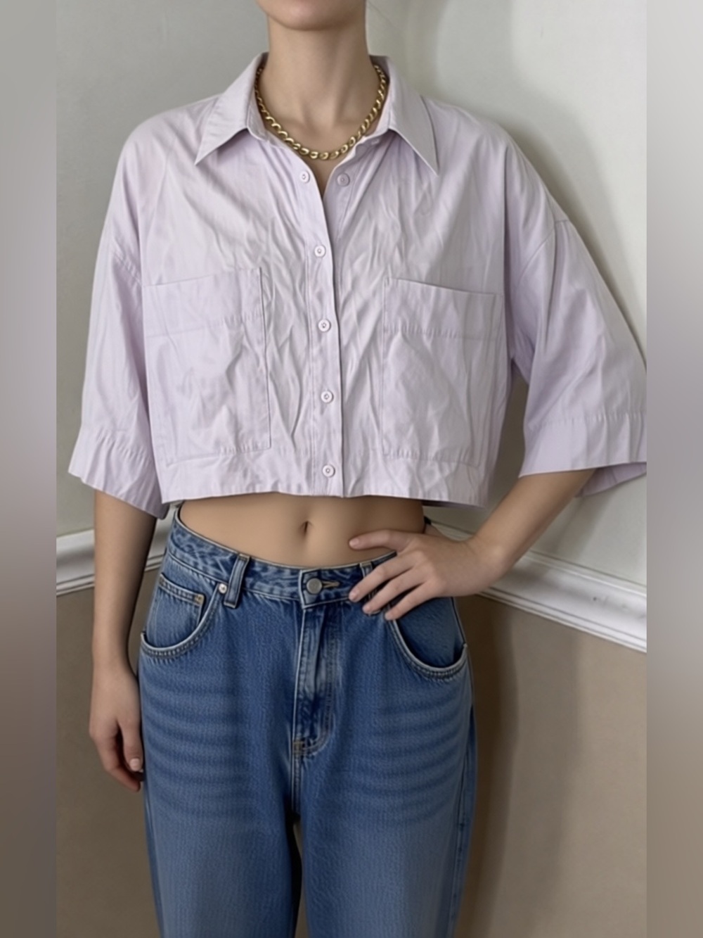 🩷 5 for $20! Zara Light Lilac Cropped Button-Up Shirt - Small